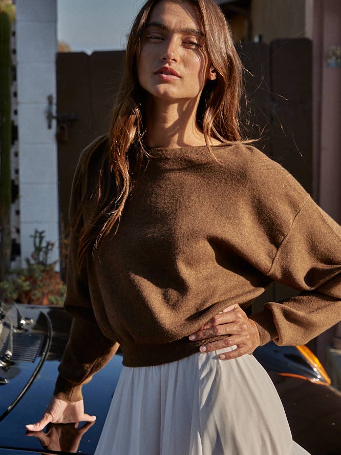 Brown W2362 | Knit Sweater Acrylic Nylon Polyester Boat Neck Top for wholesale on Faire0