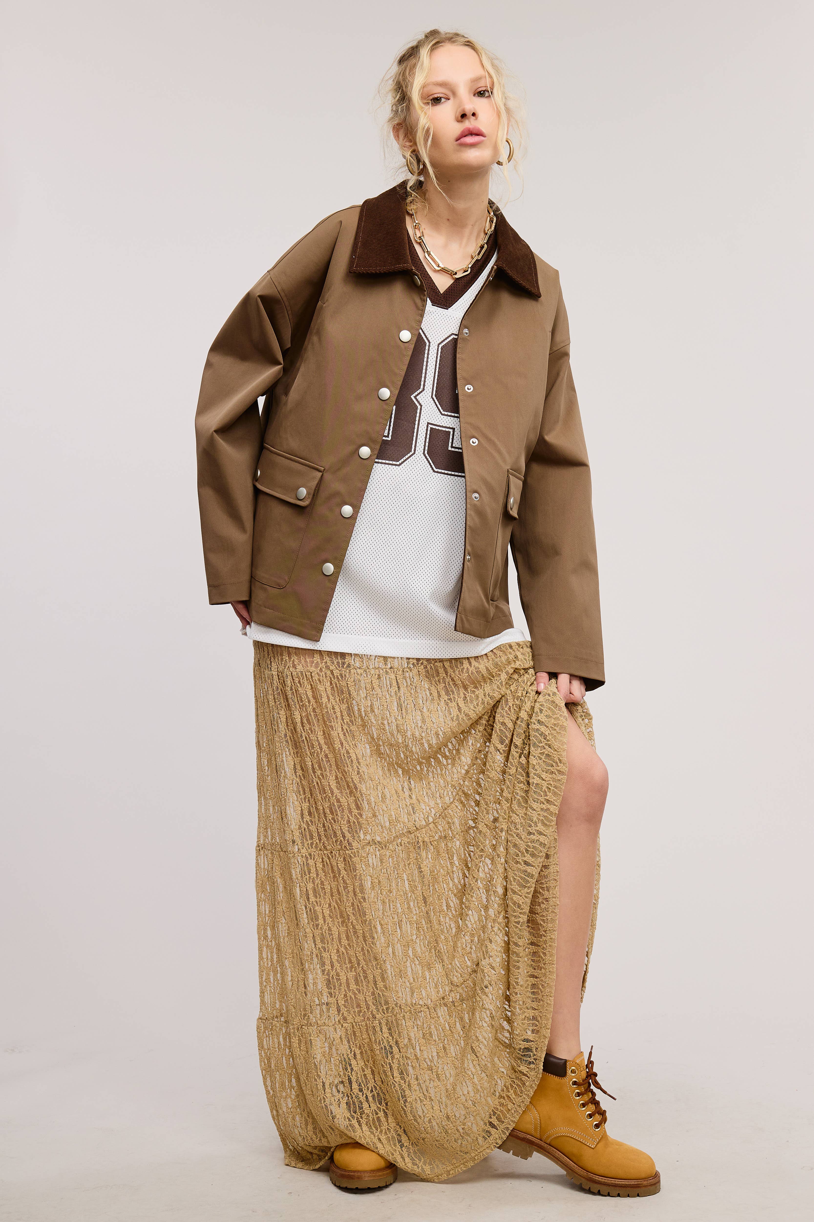 Brown Barn Jacket with Corduroy Collar and Snap Pockets for wholesale on Faire10
