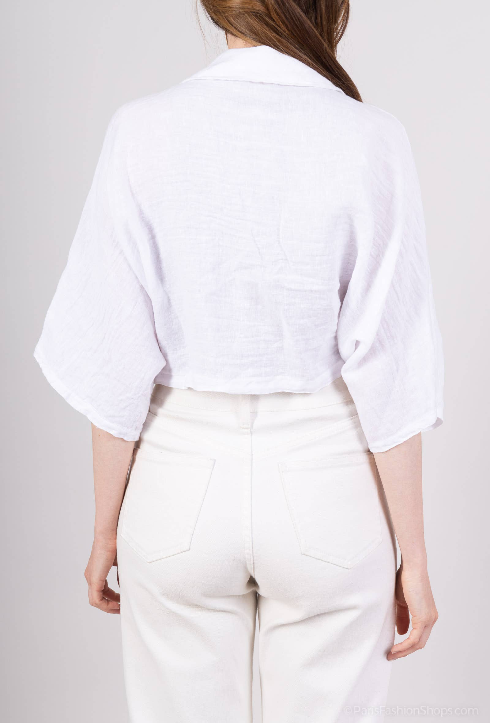 L'Emotion - Venta al por mayor Blusa - Mujer - Blusa corta de lino 100 % con mangas 3/4 y nudo4