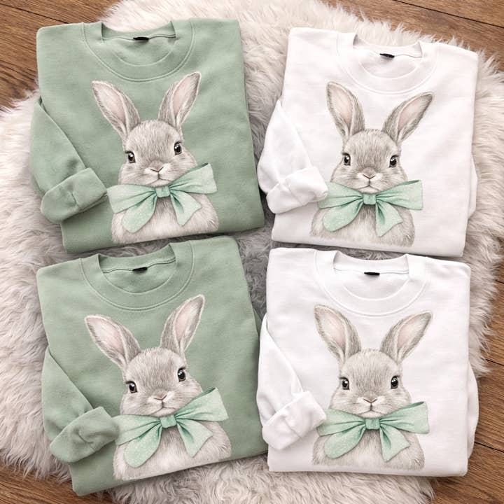 Bunny w/ Green Bow Sweatshirts & T-Shirts for wholesale by Trendy Chic Apparel LLC