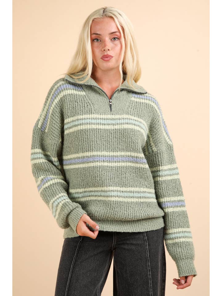 VERY J - Wholesale Knit Sweater - Women's - 12W3136N-Multi Color Striped Half Zip Up Knit Sweater Top
