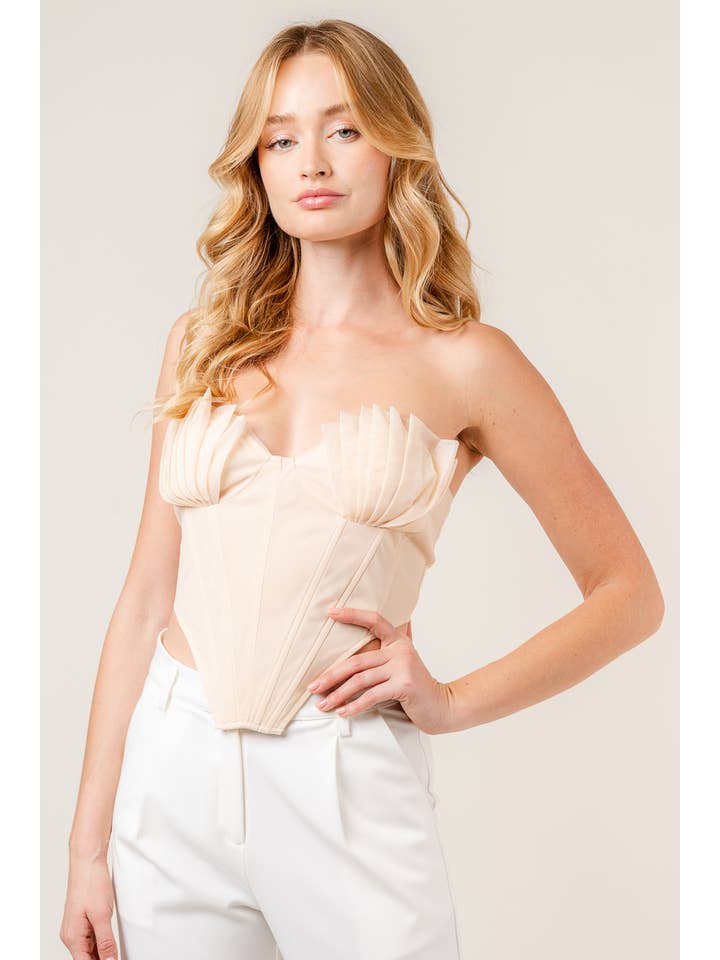 PESCA TOP CORTO A BUSTIER CON LACCI SUL RETRO, CORSETTO A CONCHIGLIA PLISSETTATA, TI4297FO in vendita all'ingrosso su Faire1