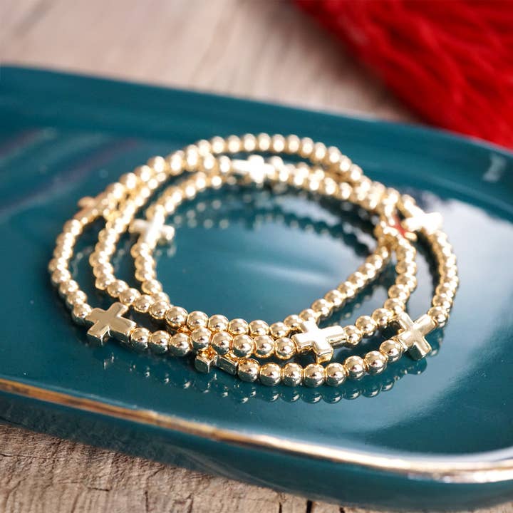 PennyLine inc - Wholesale Beaded Bracelet - Mini Sideways Cross Bracelet Set Ball Beads Gold Tone