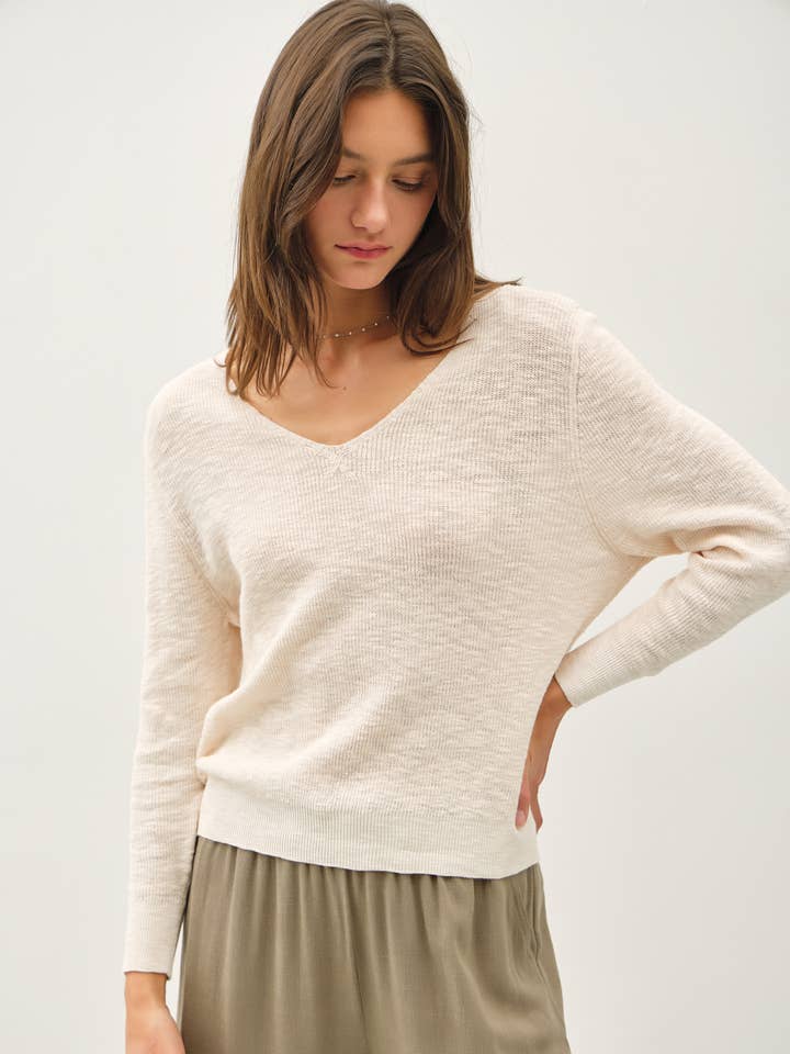 Be Cool - Wholesale Knit Sweater - Women's - LONG SLEEVE V-NECK COTTON SLUB SWEATER1