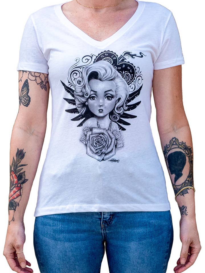 Lil Marilyn - Women's V-Neck Graphic T-Shirt for wholesale by Black Market Art