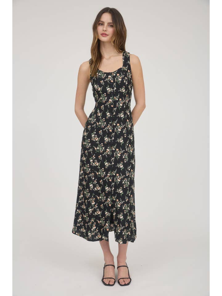 The Workshop Studio - Wholesale Dress - Women's - FLORAL SLEEVELESS BUTTON DOWN MIDI DRESS