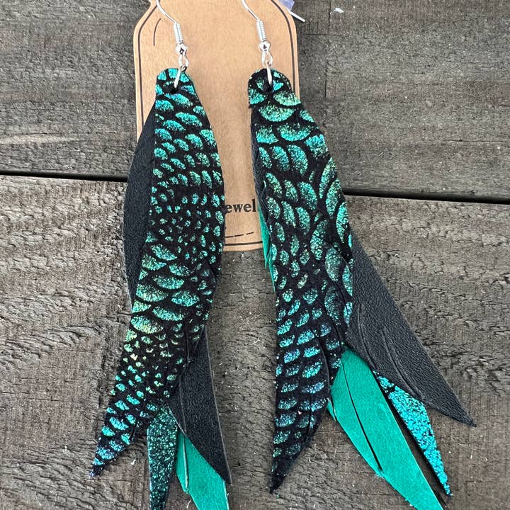 Green Dragon Scale Fringe Feather Leather Earring for wholesale by Jill's Jewels