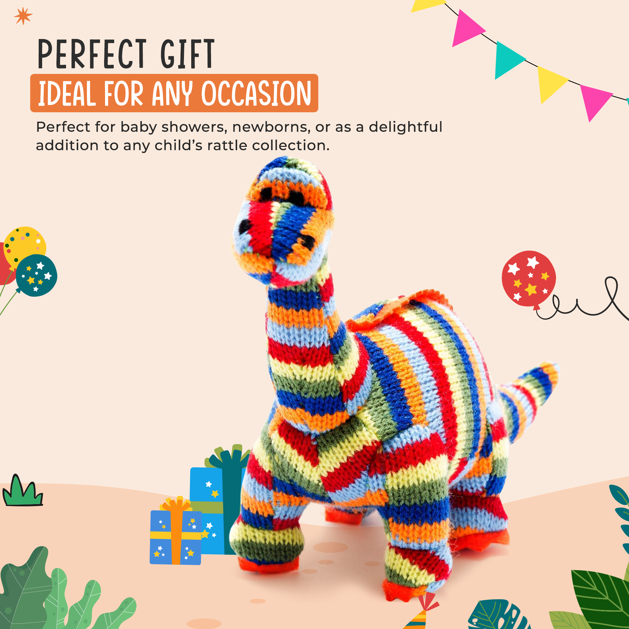 Best Years Ltd – wholesale Handheld rattle – Baby – Knitted Diplodocus Dinosaur Baby Rattle in Rainbow Stripes5