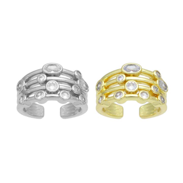 Gold Silver Oval CZ Multiline Adjustable Ring, Sku#A316 for wholesale by BestBeads&Beyond