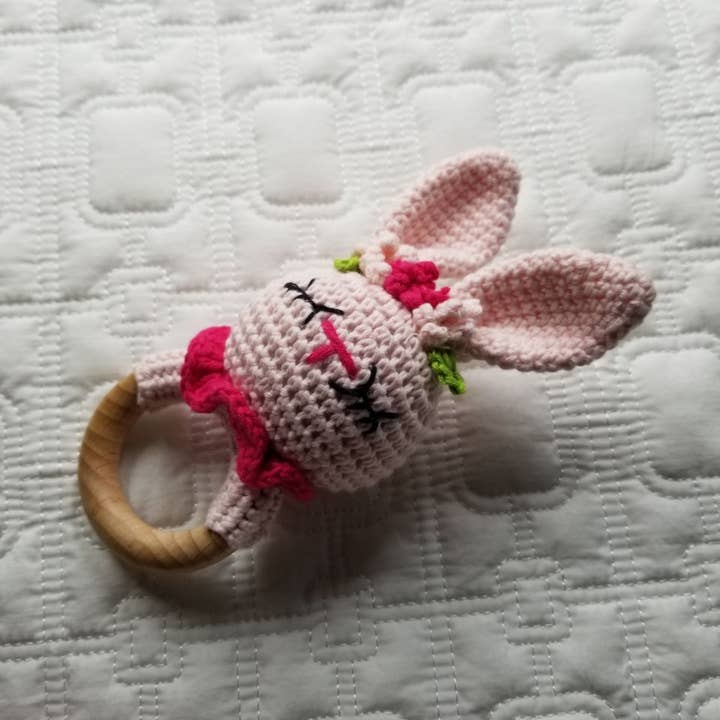 Hand Crochet Pink Floral Bunny Rattle for wholesale by D & C TOYS