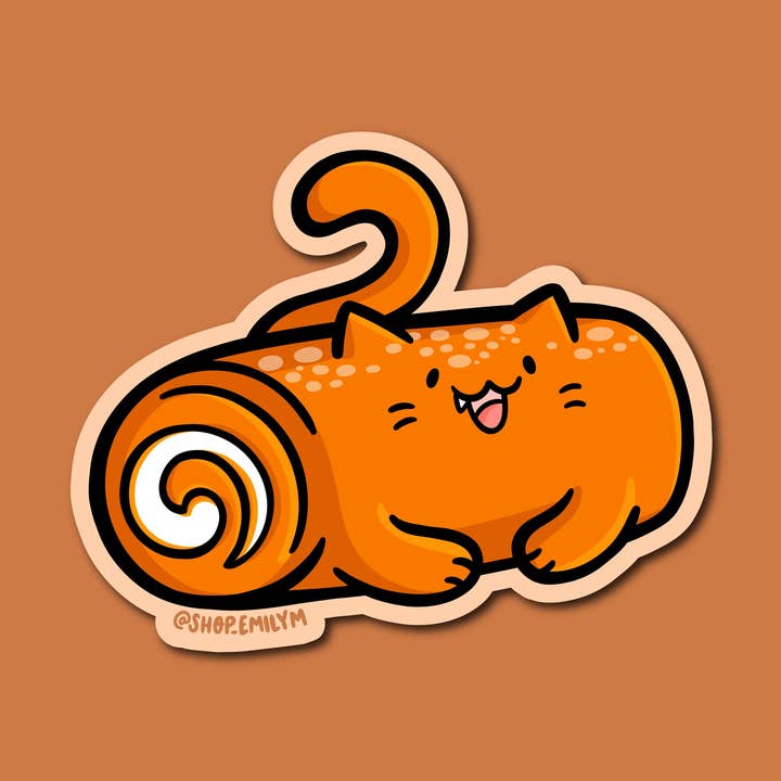 Pumpkin Roll Cat Vinyl Sticker for wholesale by Shop Emily M
