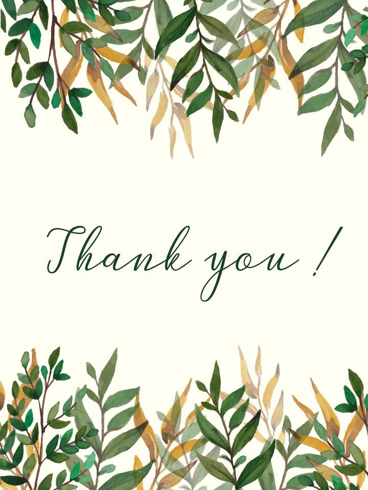 Thank You Greetings Card ( Green Leaves ) for wholesale by Maria Zvaric Illustration