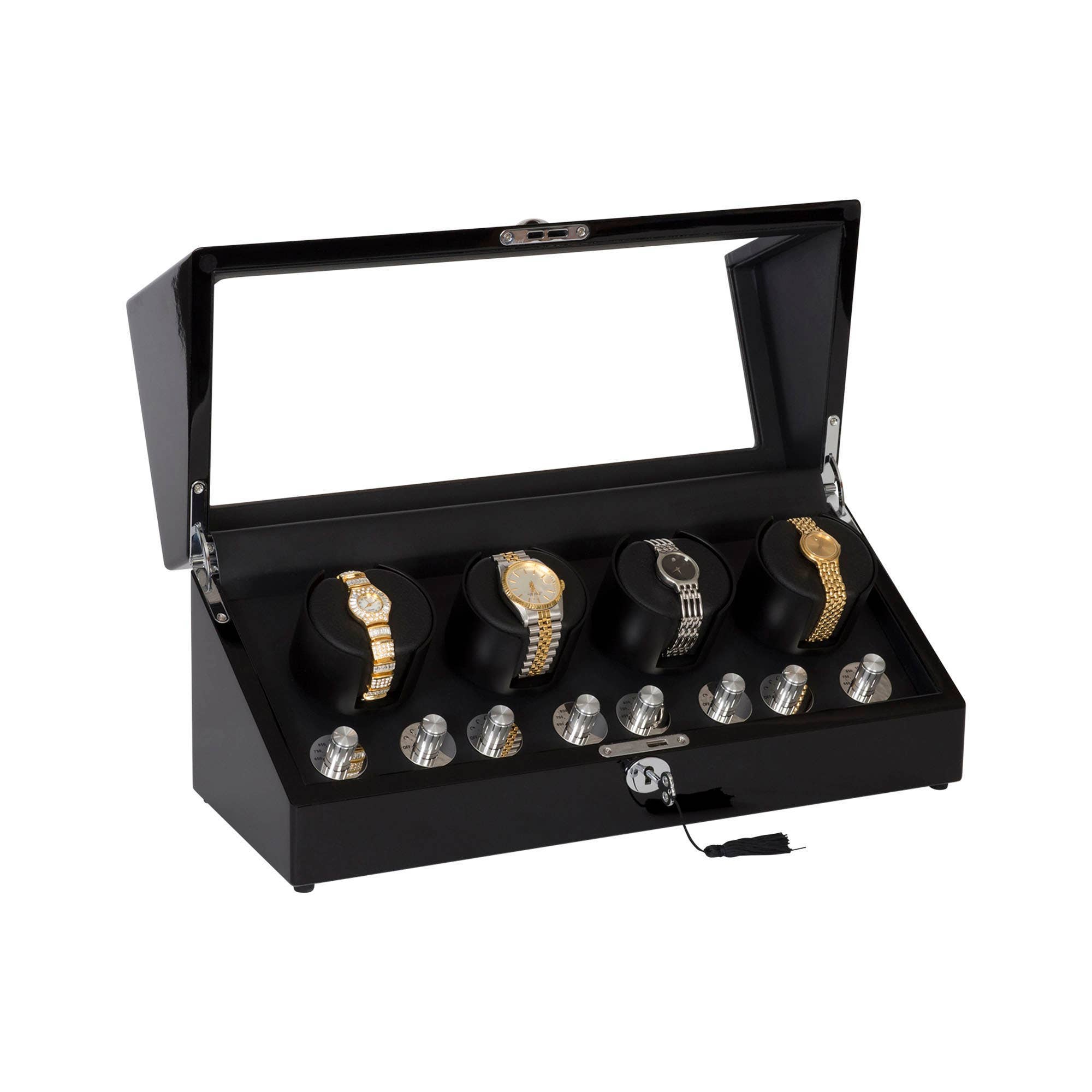 Mele and Co (Canada) - Wholesale Jewelry Box/Organizer - Mele and Co Langdon Glass Top Locking Four Watch Winder0