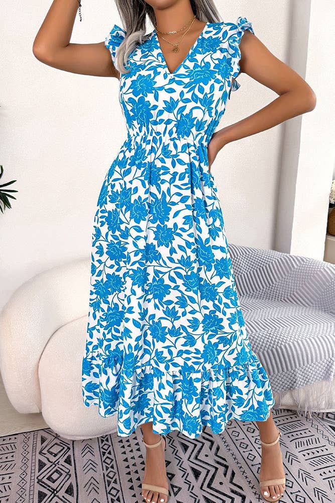 UNISHE - Wholesale Dress - Women's - V Neck Flutter Sleeves Maxi Floral Dress BJS0679