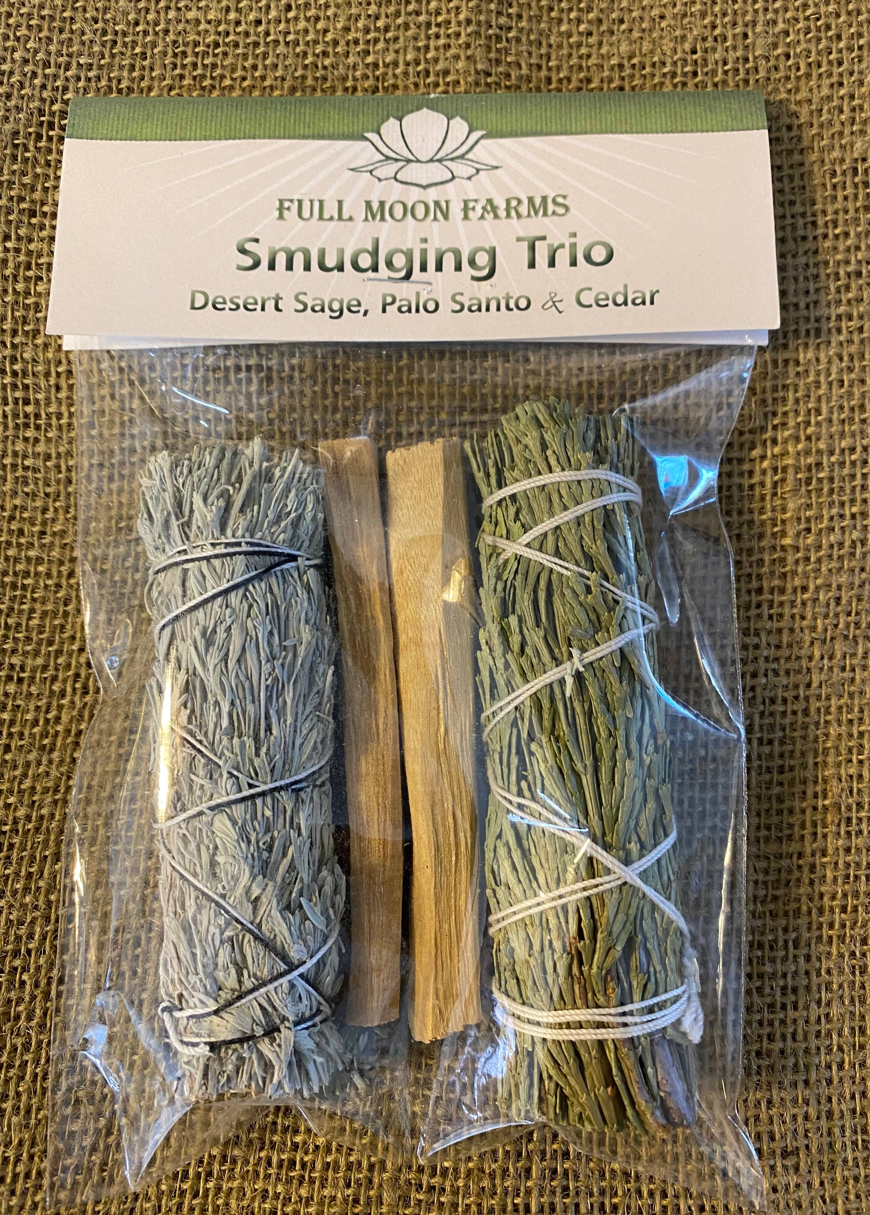 Full Moon Farms, LLC - Wholesale Sage bundle - Smudging Trio- Desert Sage, Palo Santo and Cedar