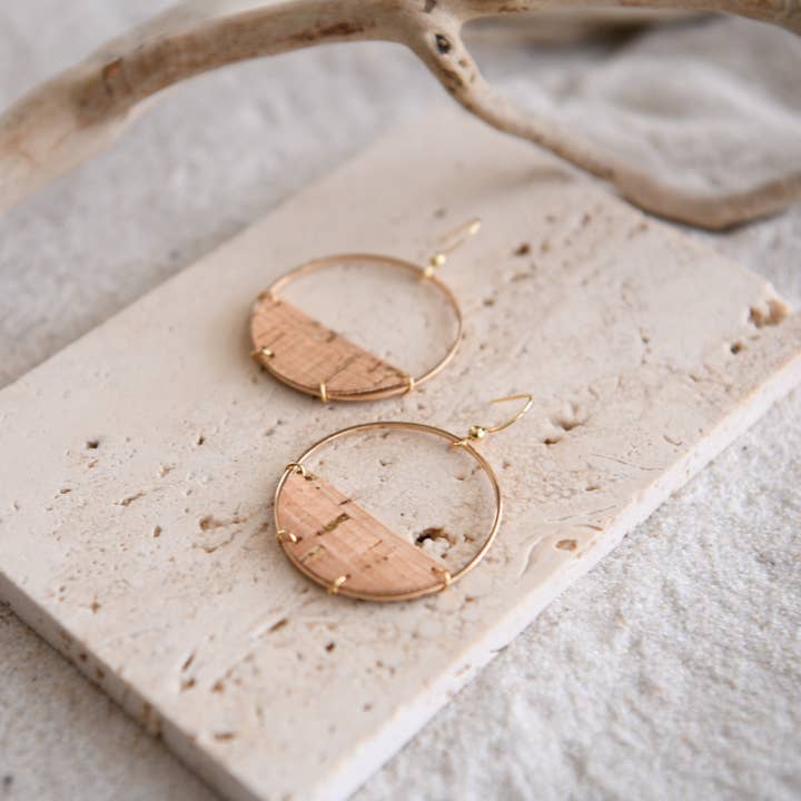 Gold Plated Hoop and Cork Half Moon Earrings for wholesale by Cecelia Designs Jewelry