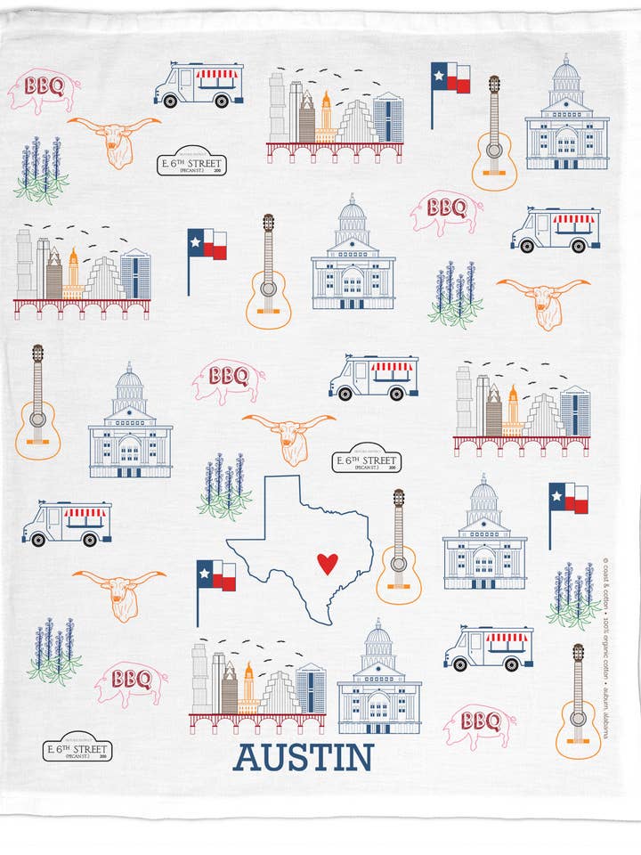 Love My City: Austin, TX Organic Cotton Tea Towel for wholesale by Coast & Cotton