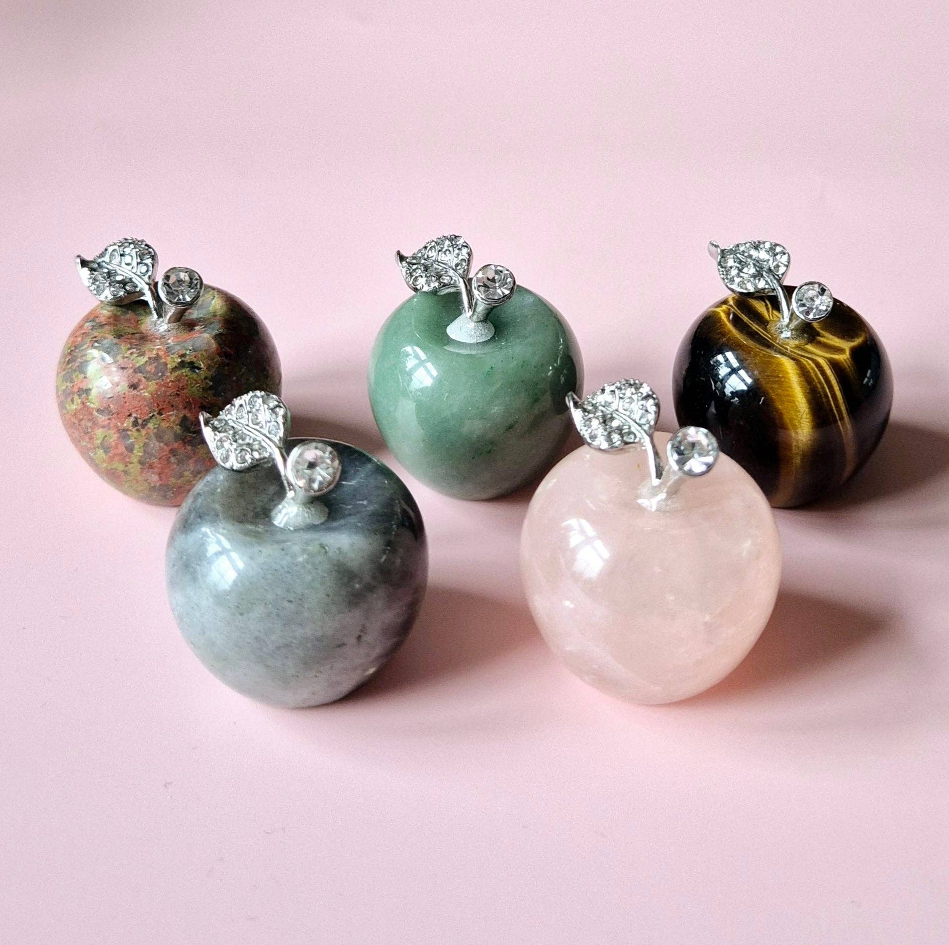 Moonlight Gemstones - Wholesale Decorative Tabletop Object - Mini Gemstone Apple with Rhinestones (3x3 cm) - Green Aventurine1