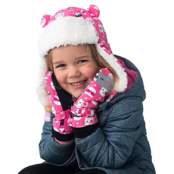 FlapJackKids - Wholesale Mittens - Kids - Water Repellant Ski Mittens - Cat Pink1