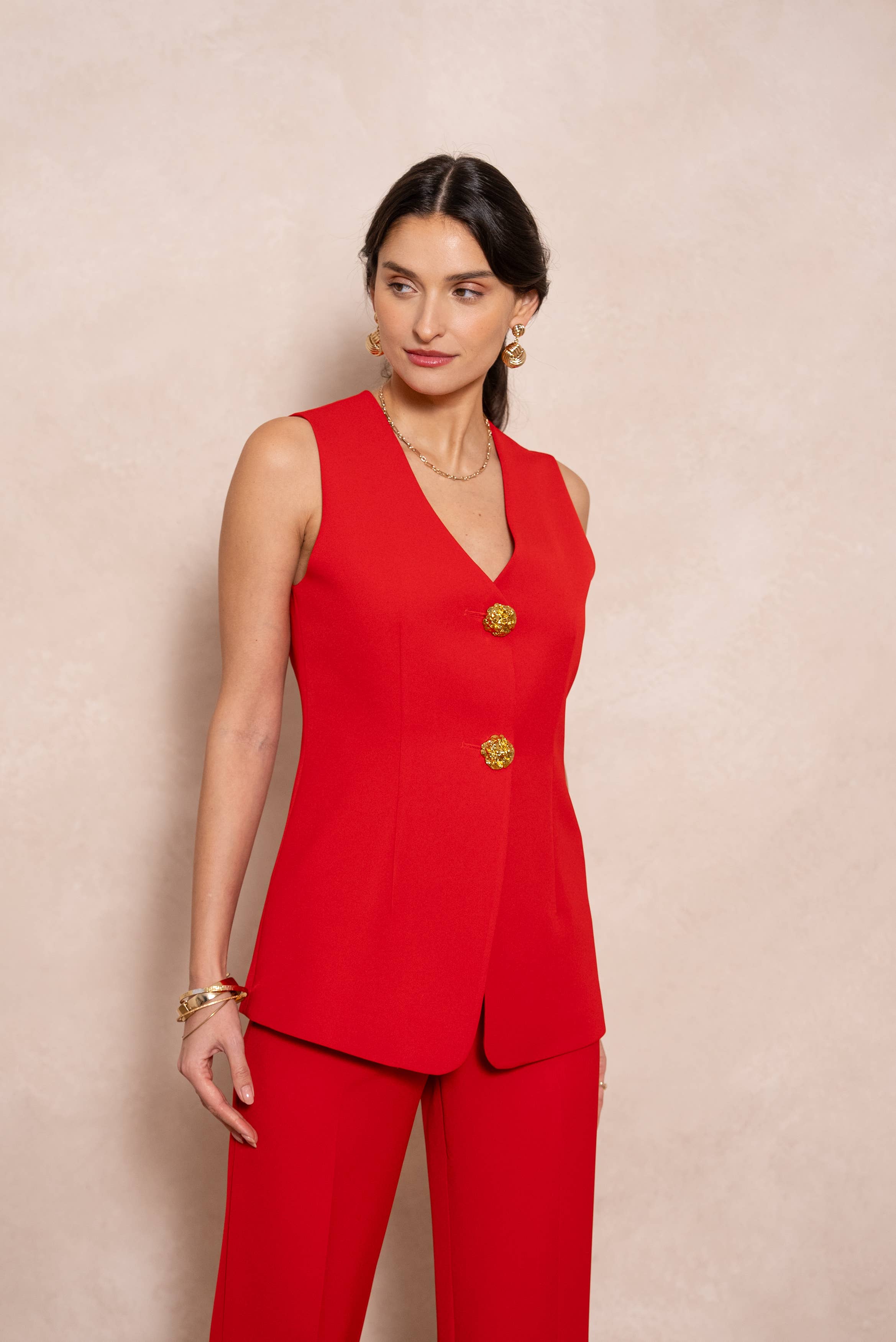 Attentif Paris - Wholesale Suit Vest - Women's - [Timeless] Long sleeveless vest with textured gold buttons54