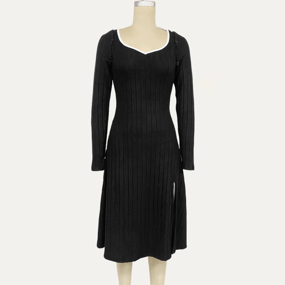 Schwarz Einzigartiges schwarzes Rippstrick-Midikleid mit abnehmbaren Ärmeln und V-Ausschnitt für den Großhandel auf Faire0