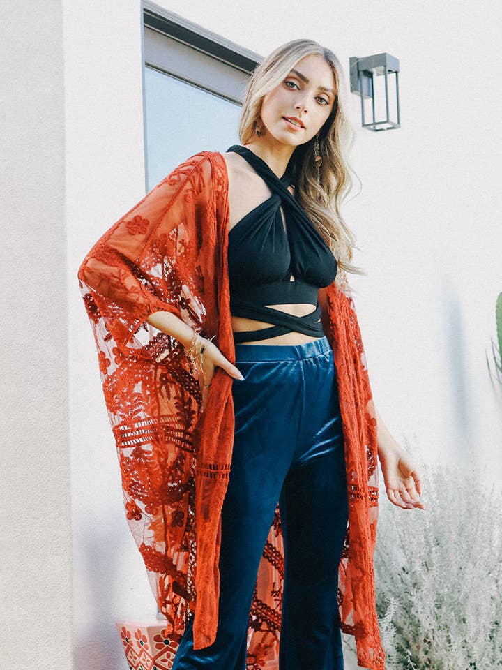 Leto Accessories - Wholesale Kimono - Women's - Ethereal Embroidered Mesh Leaf Kimono