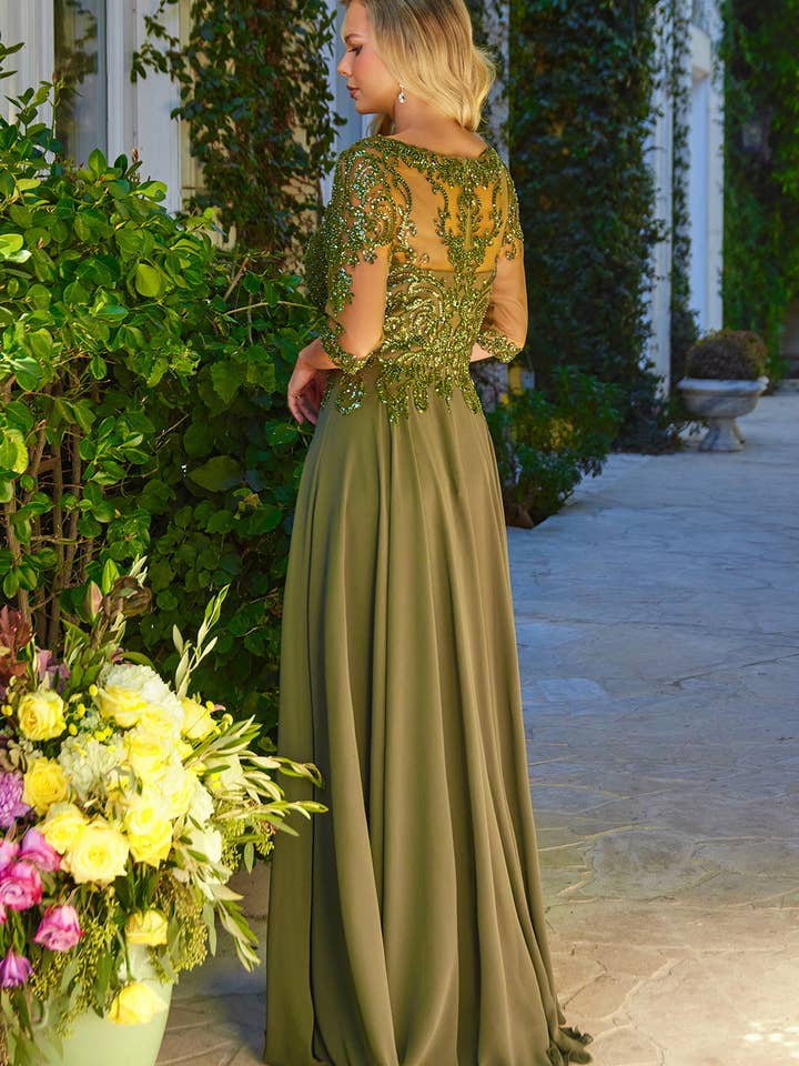 SMC Fashion - Wholesale Gown - Women's - Bead sequin embellished 1 2 sleeve mesh bodice with chiffon skirt GLGL35991