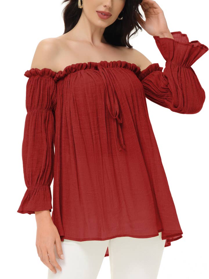 Anna Kaci Wholesale - Wholesale Blouse - Women's - Semi Sheer Boho Peasant Off the Shoulder Top59