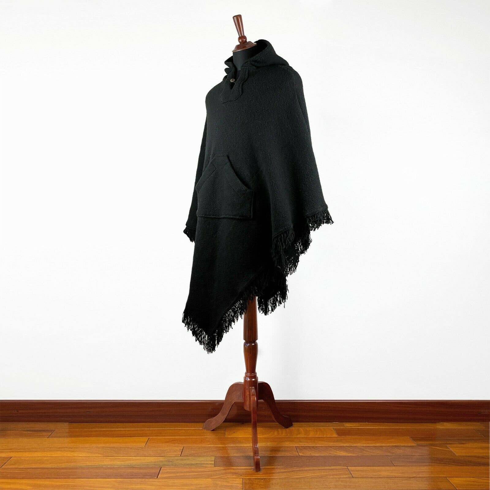 ECUALAMA – wholesale Poncho – Unisex – Surfers Poncho with hood and pocket llama wool - BLACK3