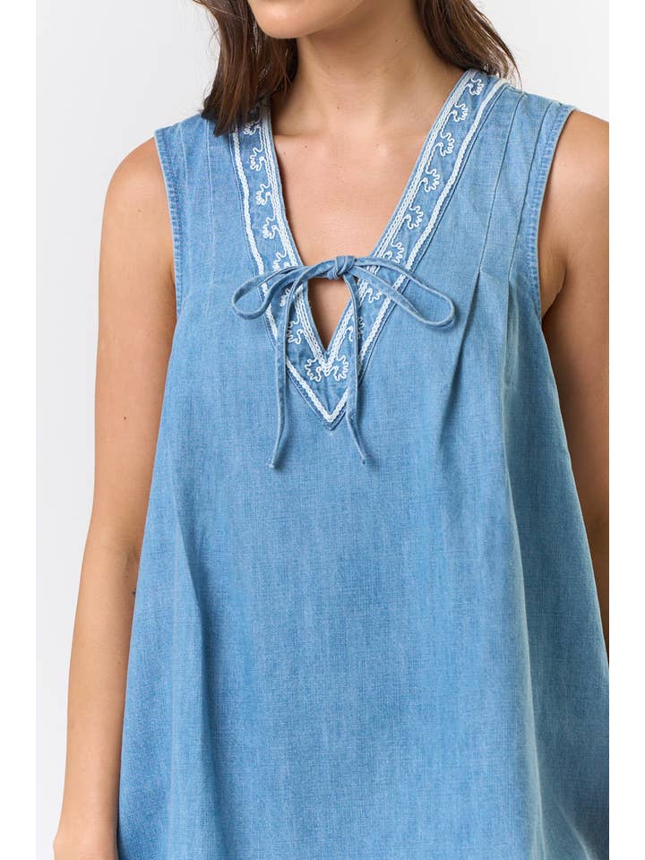 ILD5211 SLEEVELESS EMBROIDERED DENIM DRESS for wholesale on Faire