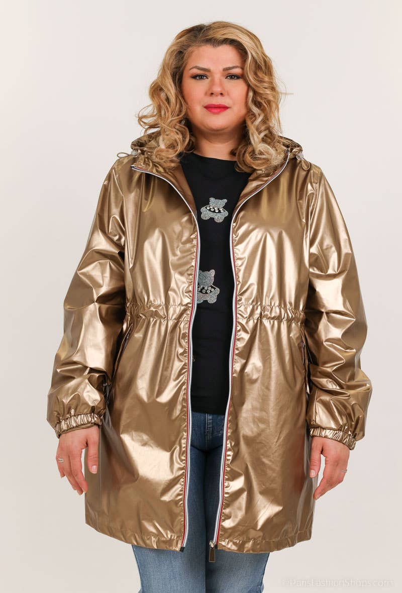 Attrait Paris - Venta al por mayor Cortavientos - Mujer - Cortavientos largo metálico con capucha y cremallera de colores Tallas grandes12