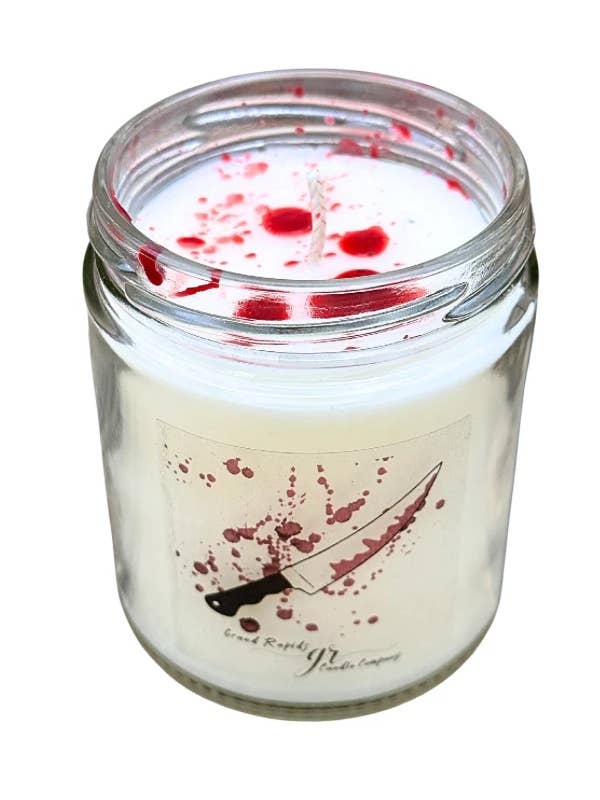 Blood Spatter Butcher Knife 9oz Soy Blend Candle Halloween for wholesale by Grand Rapids Candle Company