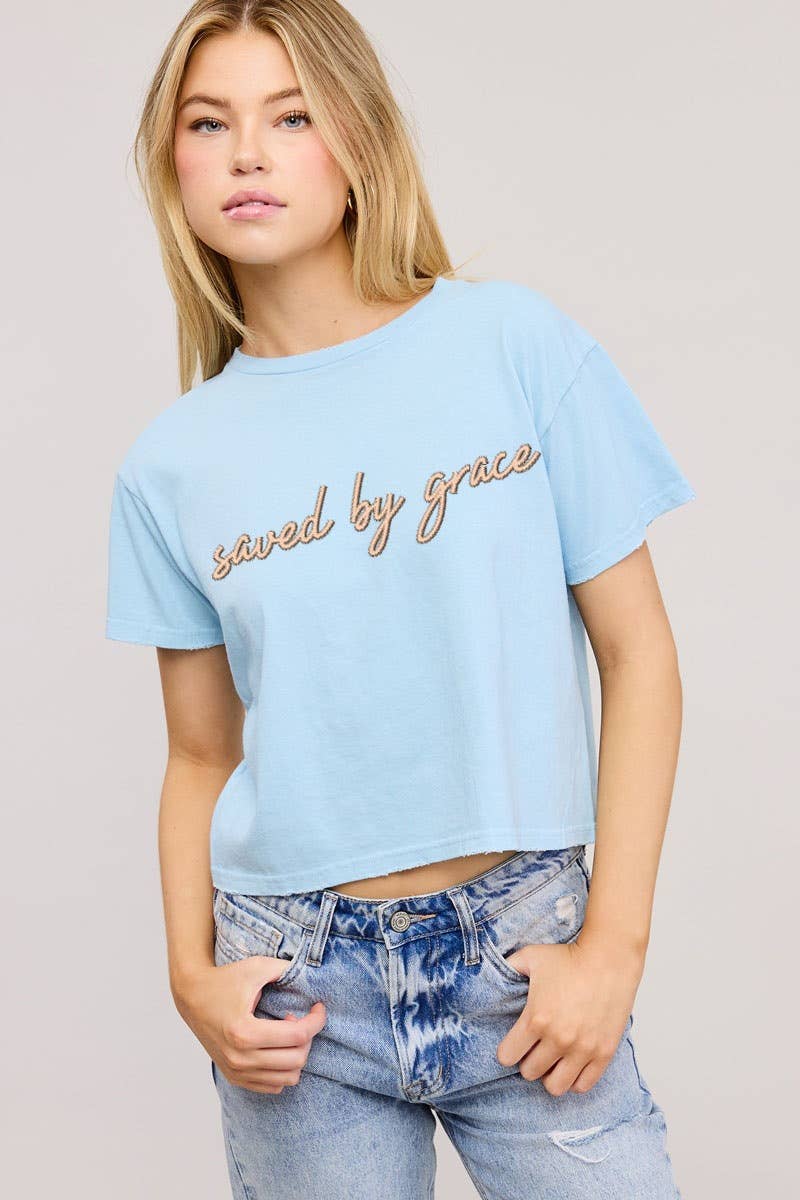 Zutter - Wholesale Screen Printed T-Shirt - Women's - PUFF' Saved By Grace Graphic S/S Seamless Faux Crop4