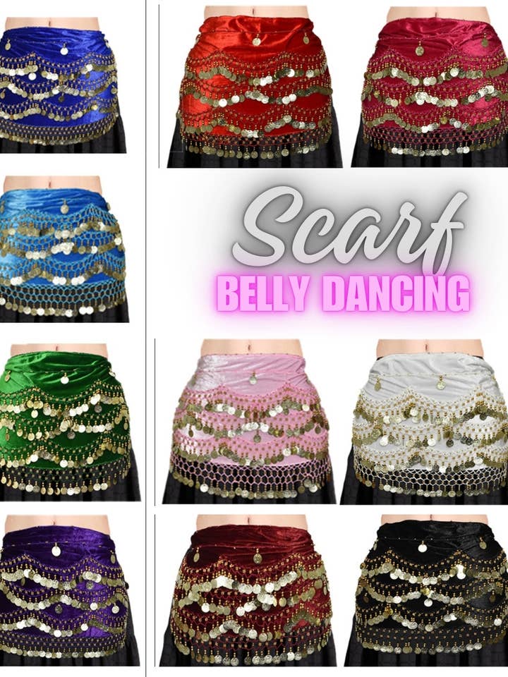 Women Belly Dancing Accessories Golden Coin 3 Row Scarf 10Pc for wholesale by Wevez