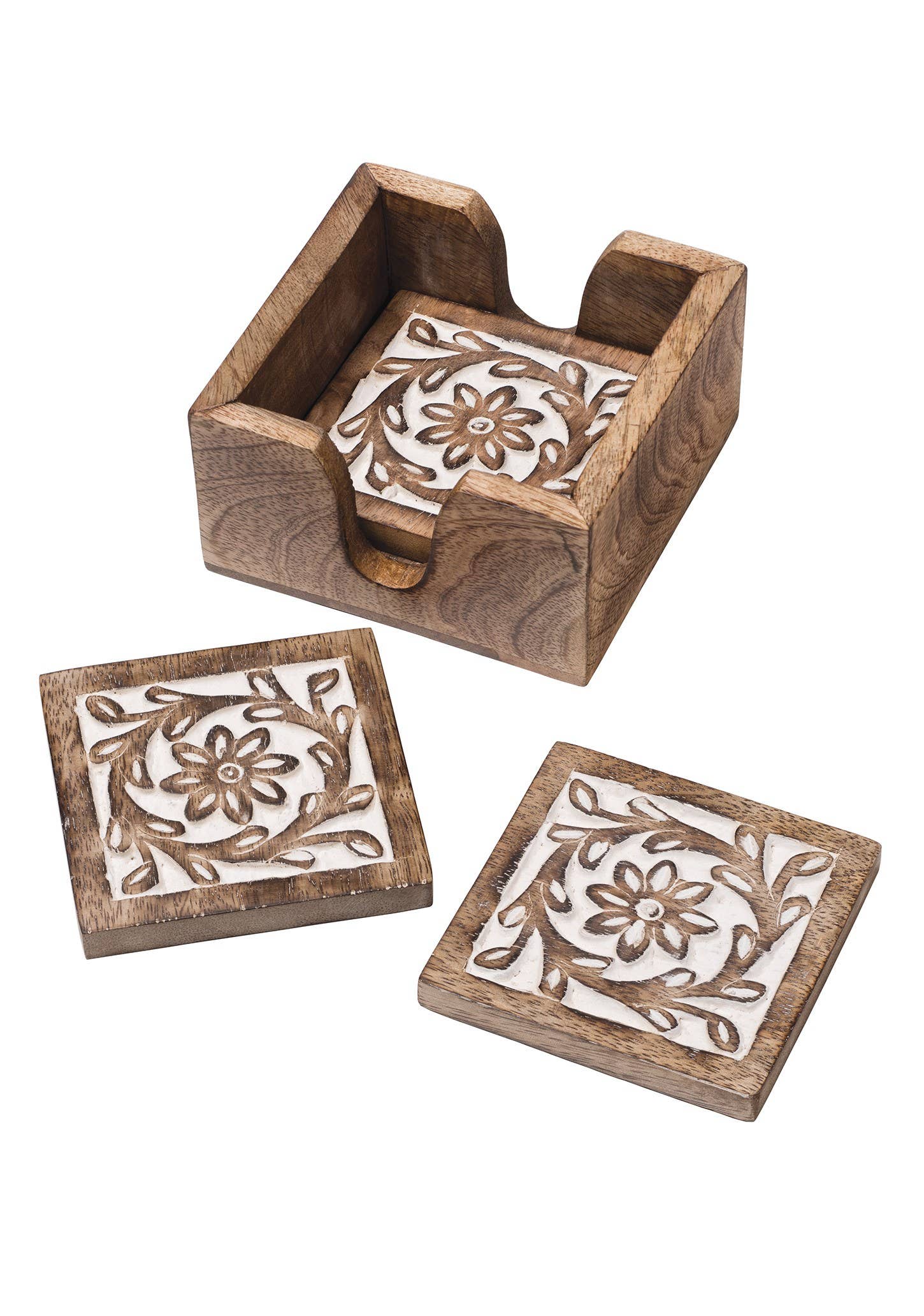Namaste – wholesale Coasters – Set of 4 Daisy Carved Coasters in a Tray