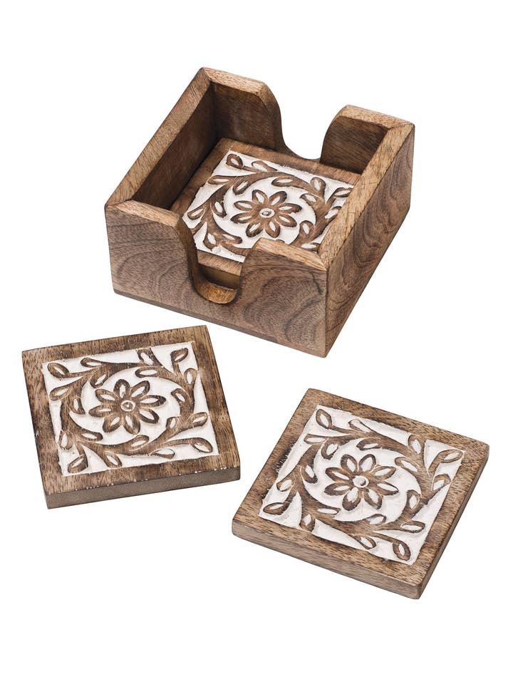 Set of 4 Daisy Carved Coasters in a Tray for wholesale by Namaste