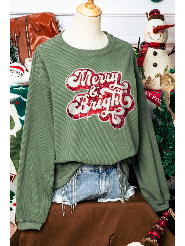 As shown Christmas Merry & Bright Sequin Rib Sweatshirt*S-2XL for wholesale on Faire
