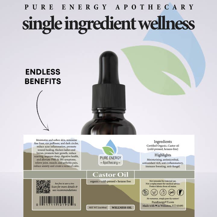 Castor Oil, Certified Organic, Cold Pressed, Hexane-Free for wholesale by Pure Energy Apothecary