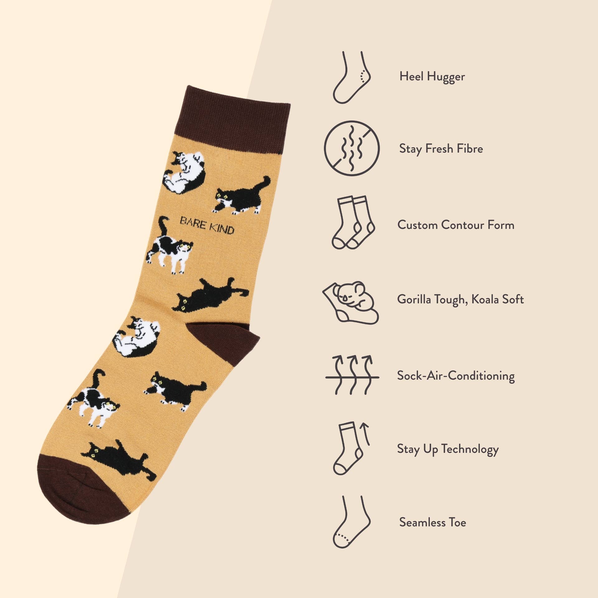 Bare Kind Socks - Vente Chaussettes – unisexe - Chaussettes marron avec motifs de chats | Chaussettes en bambou | Chaussettes marron6