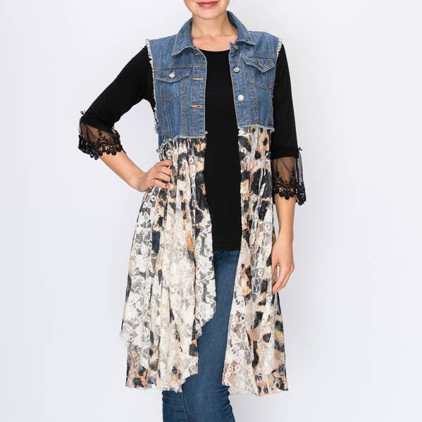 CROPPED DENIM VEST WITH LACE LAYER-4479 LEO
for wholesale by Origami Apparel ~ Lace and Crochet inspired