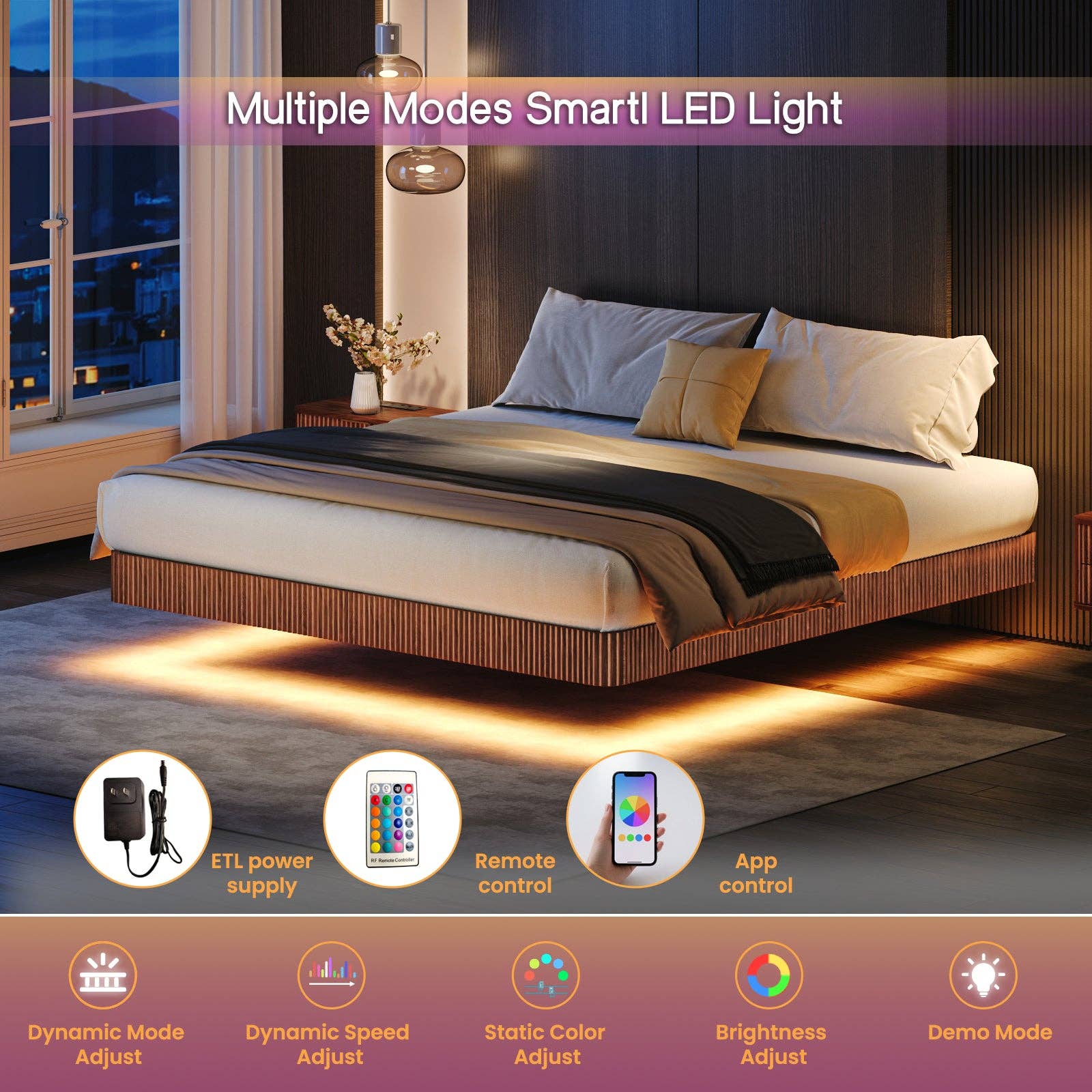 39F Inc. - Wholesale Bed - Floating Bed Frame with LED Lights  2 Sizes and 2 colors2