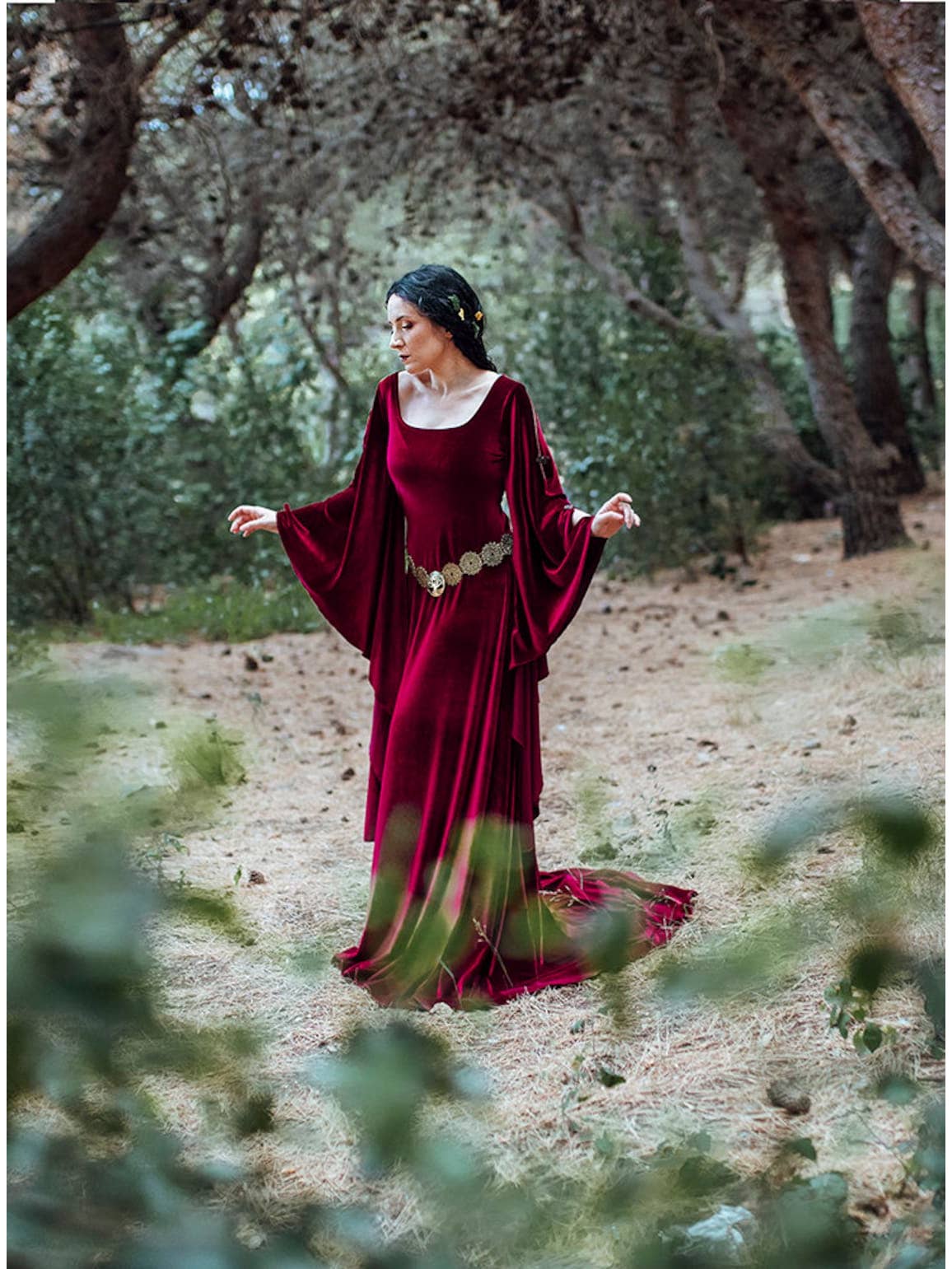 Wholesale Burgundy red velvet elven celtic dress medieval fae