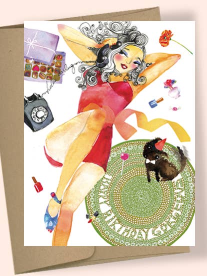 CARTE DE VOEUX AQUARELLE PINUP TÉLÉPHONE ANNIVERSAIRE pour la vente par Studio Masha D'yans