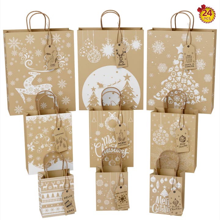 Presence - Wholesale Gift Bag Set/Pack - 24PCS Eco-friendly Kraft Christmas Gift Bags, 3 Sizes2