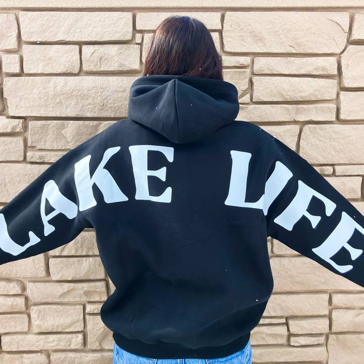 Black Lake Life Back Personalized Hoodie | Lake Clothing | Custom Clothing for wholesale on Faire
