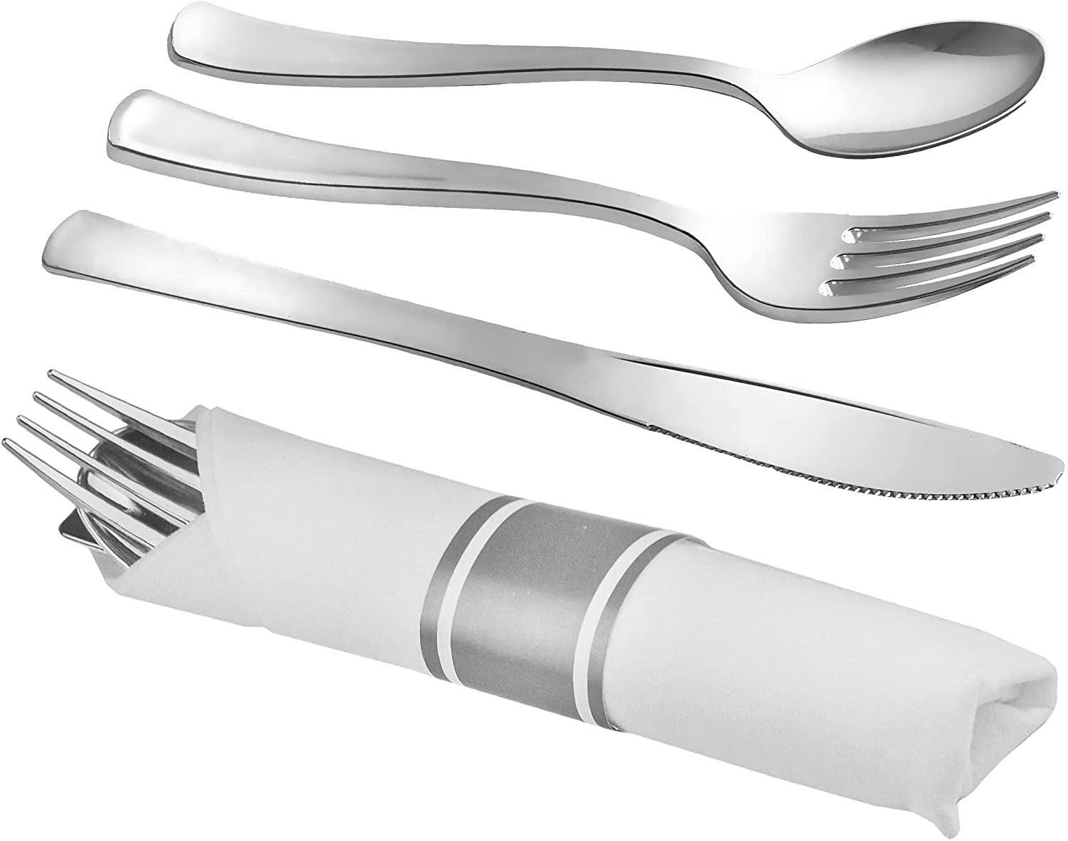 singleware - Wholesale Disposable Servingware Set - Elegant Plastic Silverware Set | 25 Each Heavyweight Disposable Forks, Knives & Spoons Beautifully Presented In Pre Rolled Party Napkins Premium Single Use Cutlery For Formal & Casual Events | Silver2