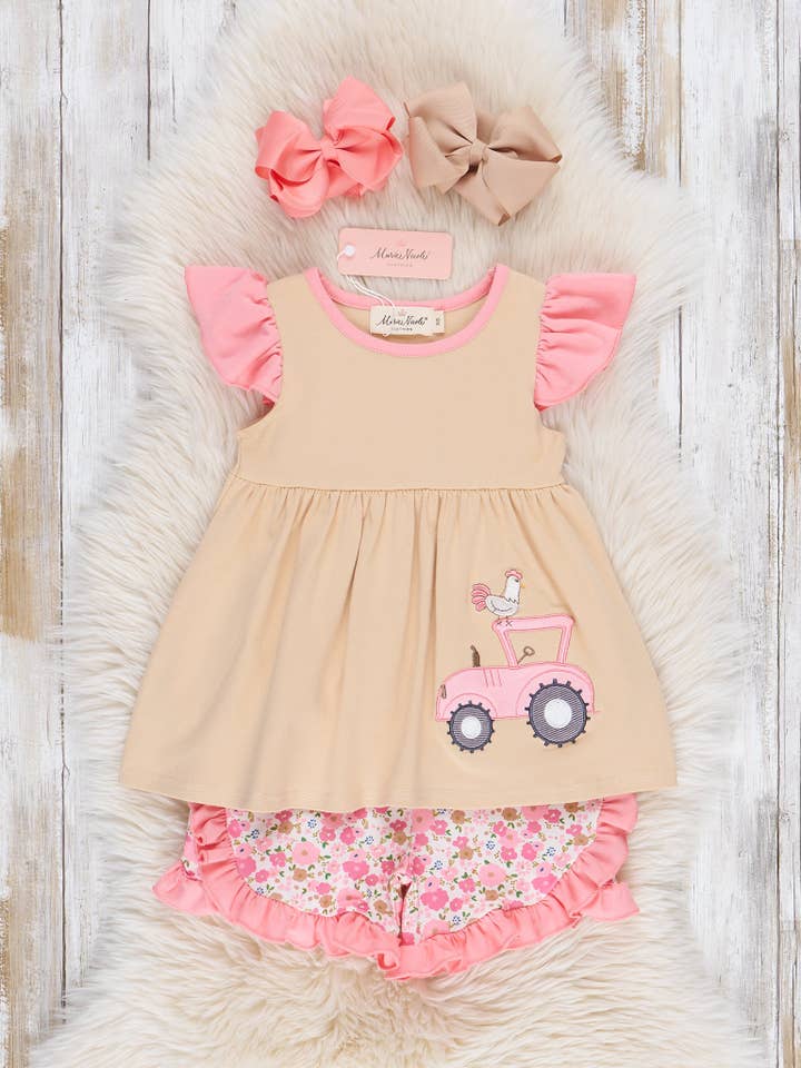 Marie Nicole Clothing - Wholesale Top & Short Set - Kids - Sweet Tractor Ride Floral Ruffle Outfit