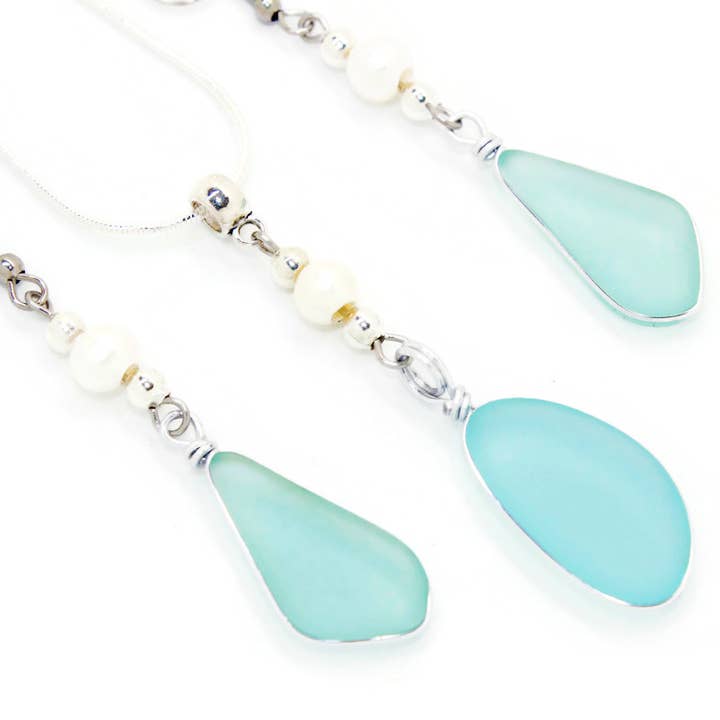 F22BSEA Wire-Wrapped Sea Glass Set, Petite Pearls - Sea Foam for wholesale by Sea Ranch Jewelry