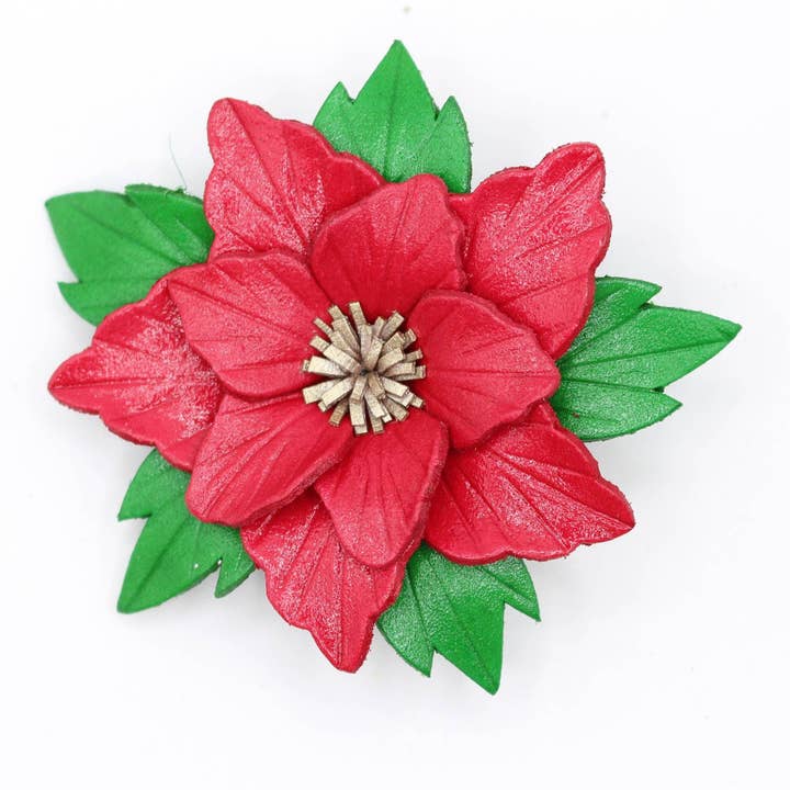 Leather poinsettia ornament flower clip Christmas decoration for wholesale by Sunflower Handmade leather inc