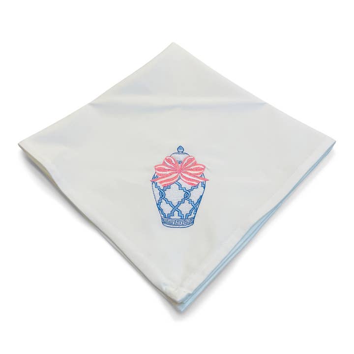 Embroidered Napkin - Single - Ginger Jar with Pink Bow for wholesale by Vibrantly Blue
